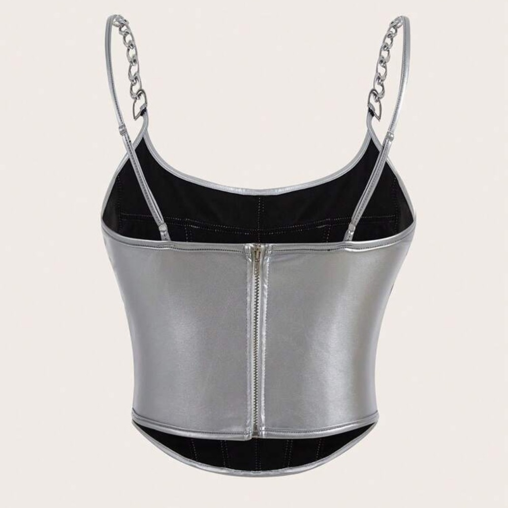 NWT Colorblock Metallic Silver Chain Detail Crop Cami Top - Picture 7 of 10